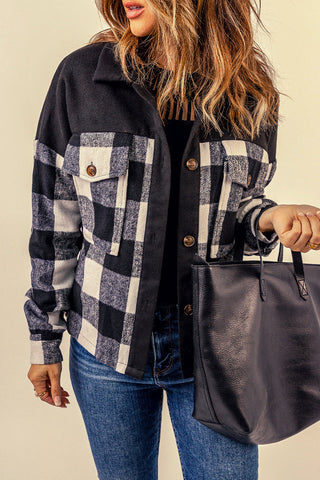 Black Plaid Patchwork Pockets Buttoned Shirt Jacket