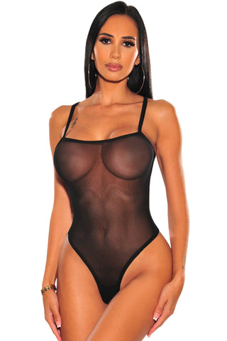 Black Plain Sheer Mesh Spaghetti Straps Teddy Lingerie