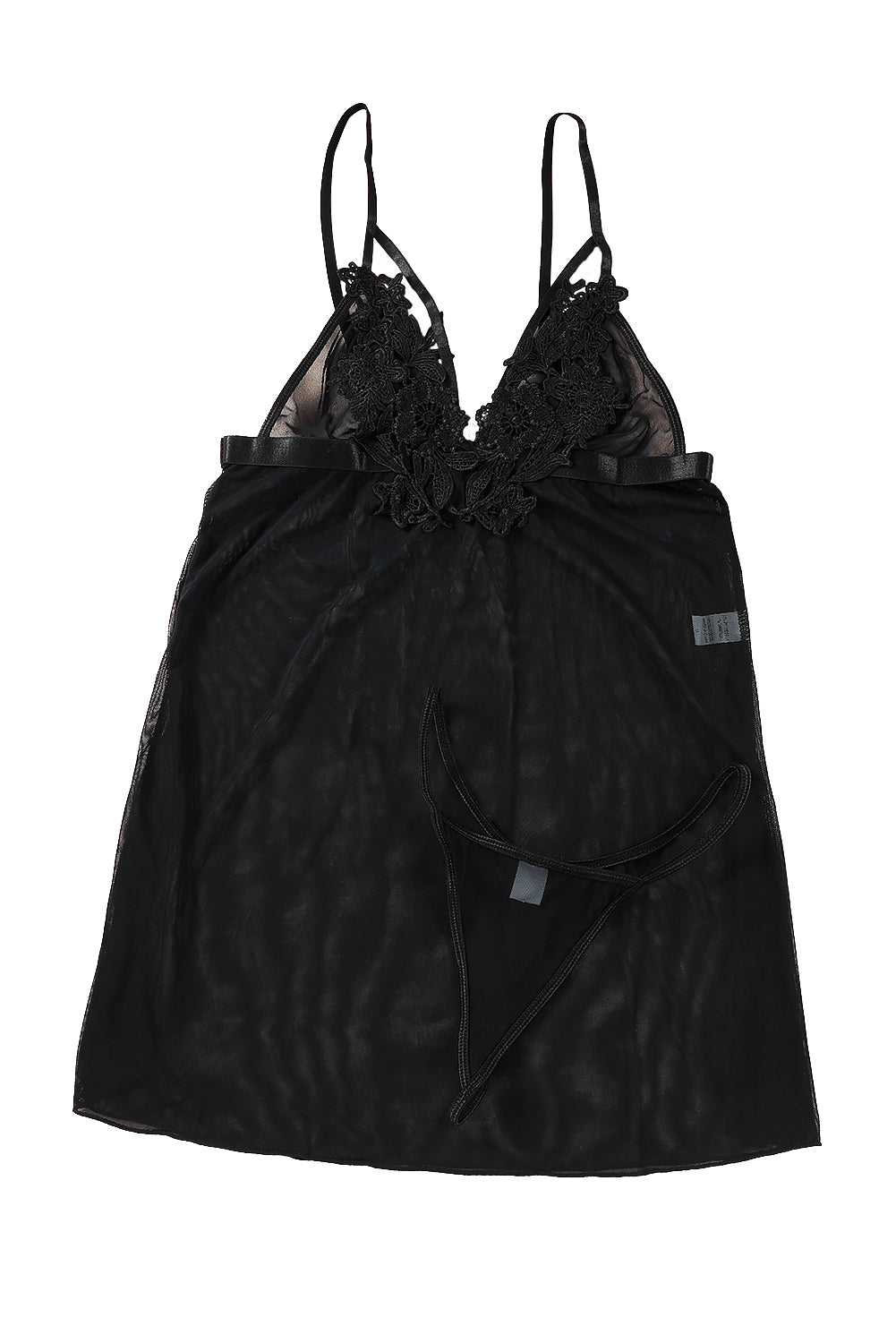 Schwarzes Babydoll aus transparentem Spitzennetz mit Tanga