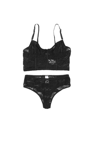 Schwarzes Dessous-Bustier-Set aus weicher Knochenspitze