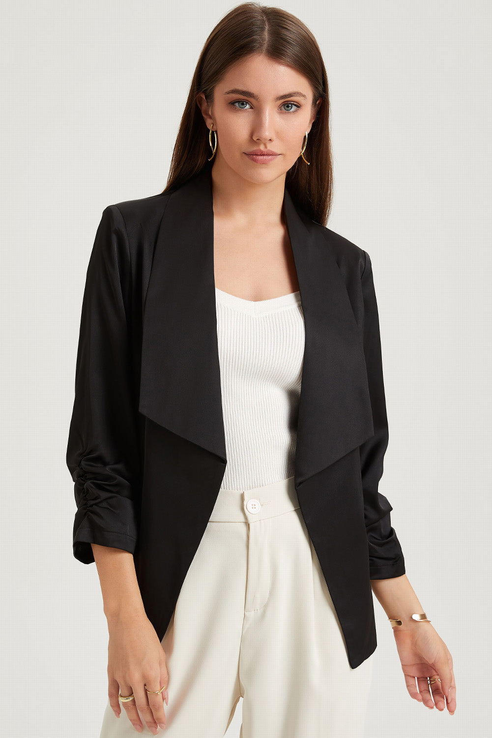 Black Solid Lapel Collar Satin Blazer