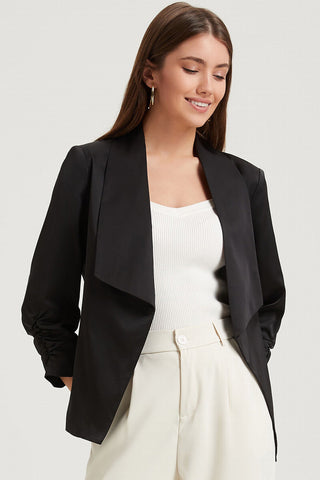 Black Solid Lapel Collar Satin Blazer