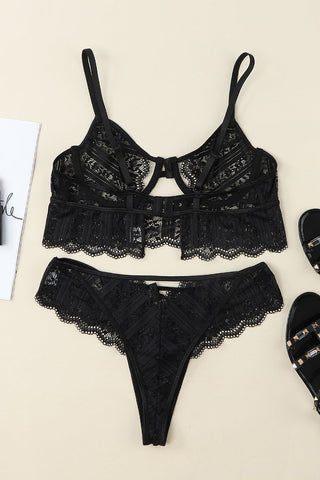 Schwarzes Bralette-Set aus Spitze mit Spaghettiträgern