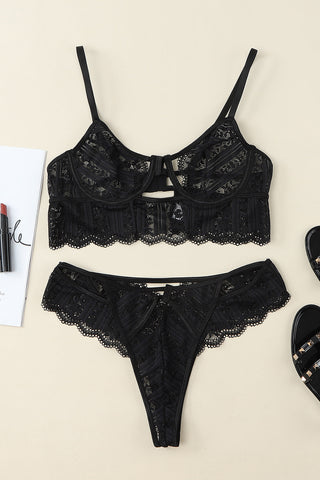 Schwarzes Bralette-Set aus Spitze mit Spaghettiträgern