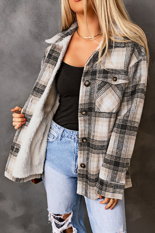 Schwarze Vintage-Jacke mit kariertem Fleecefutter