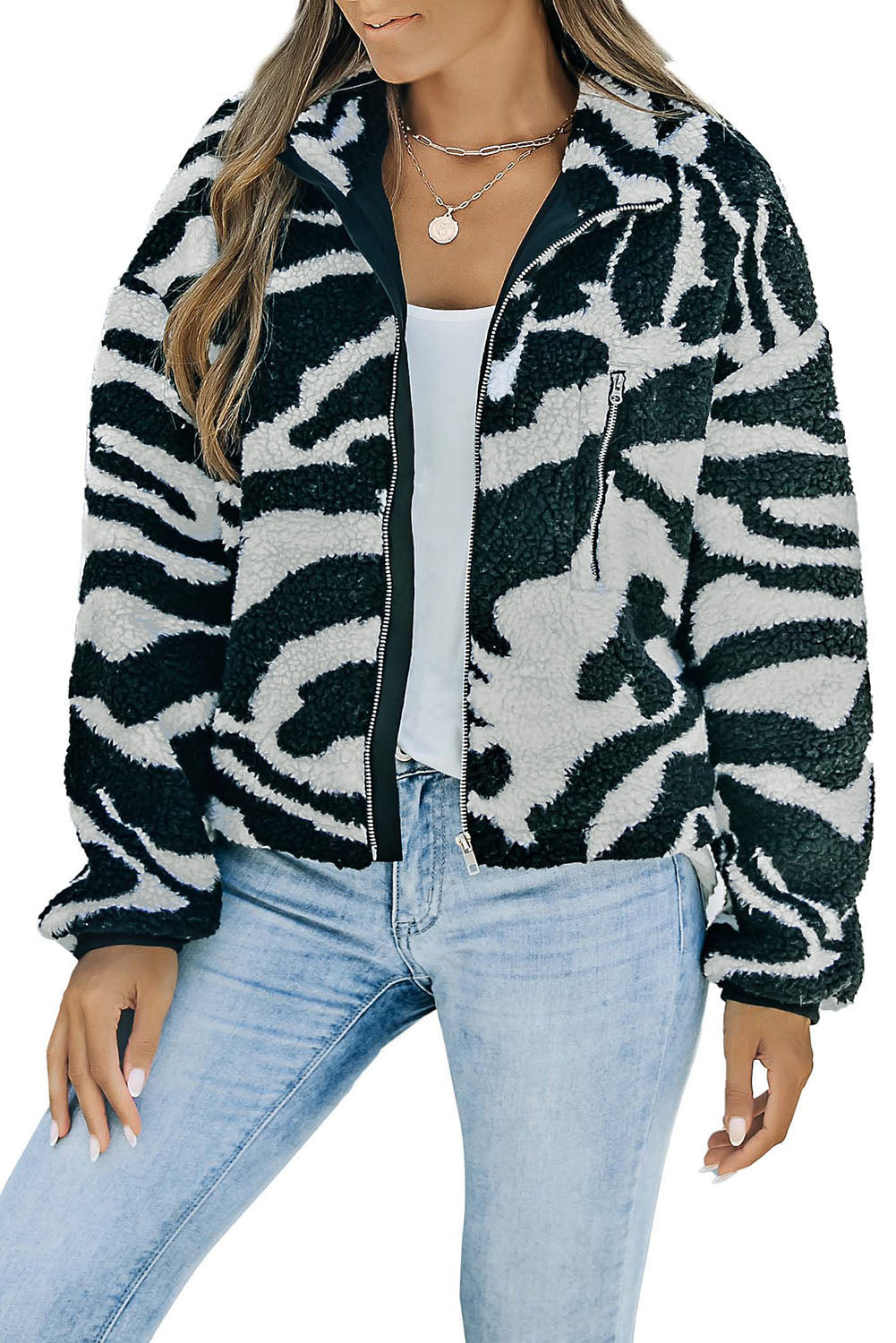 Schwarze Teddyjacke mit Zebra-Print und hohem Kragen