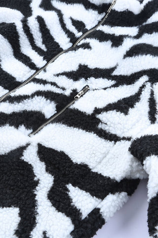 Black Zebra Teddy Zip-Up High Neck Jacket