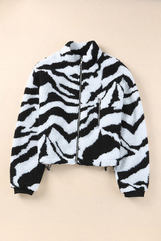 Schwarze Teddyjacke mit Zebra-Print und hohem Kragen