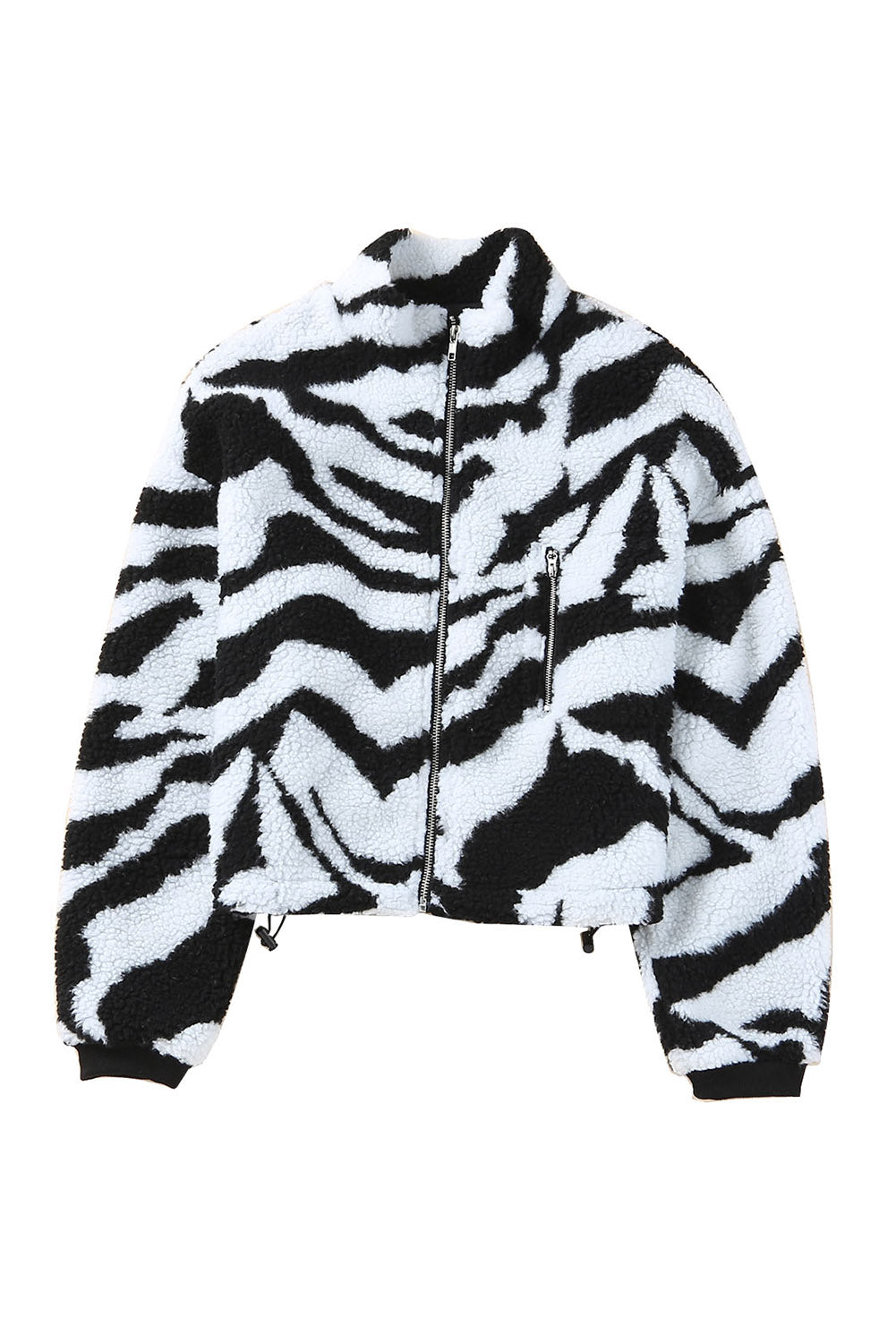 Schwarze Teddyjacke mit Zebra-Print und hohem Kragen