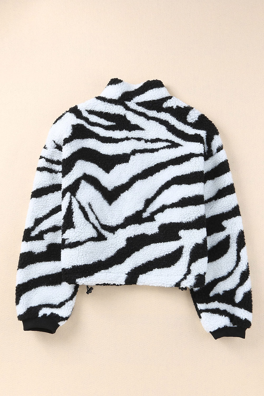 Schwarze Teddyjacke mit Zebra-Print und hohem Kragen