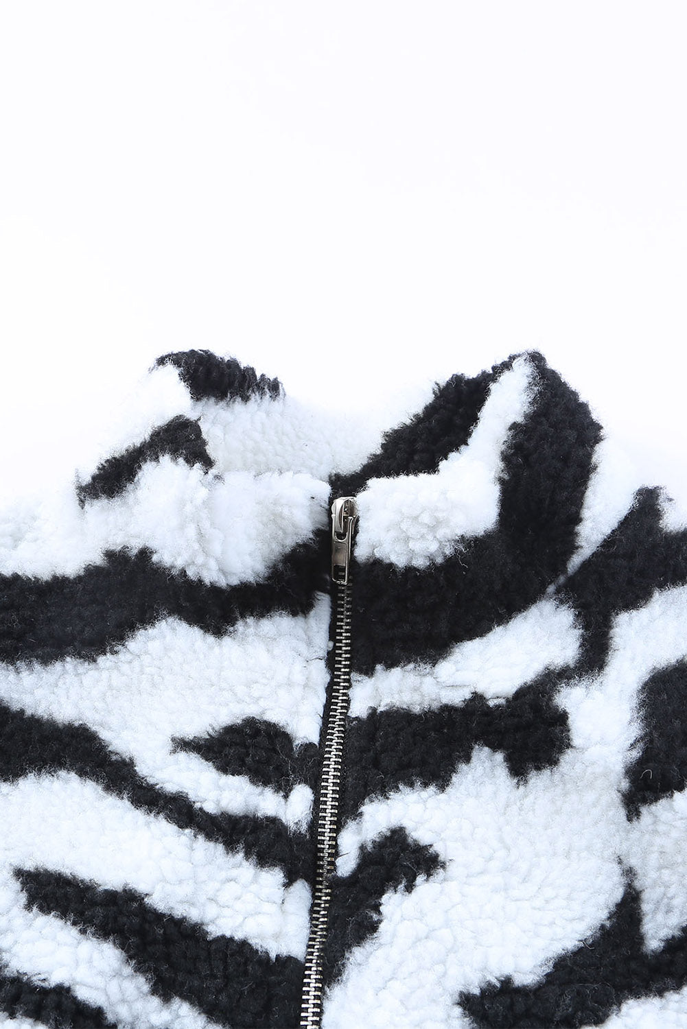 Black Zebra Teddy Zip-Up High Neck Jacket