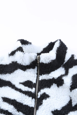 Schwarze Teddyjacke mit Zebra-Print und hohem Kragen