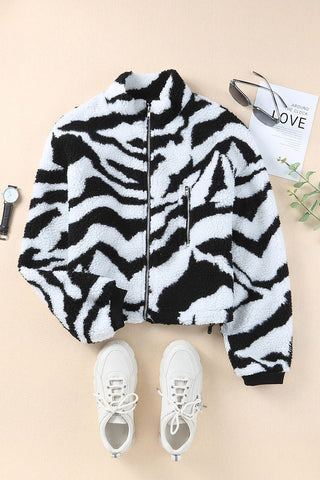 Schwarze Teddyjacke mit Zebra-Print und hohem Kragen