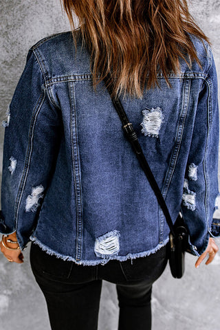 Blue Pattern Print Splicing Distressed Denim Jacket