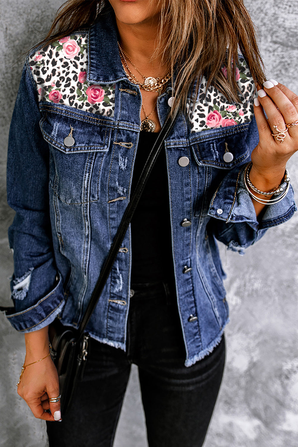 Blue Pattern Print Splicing Distressed Denim Jacket