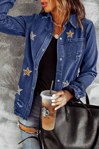 Blue Star Embroidery Distressed Denim Jacket