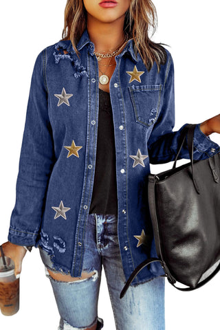 Blue Star Embroidery Distressed Denim Jacket