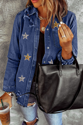 Blue Star Embroidery Distressed Denim Jacket