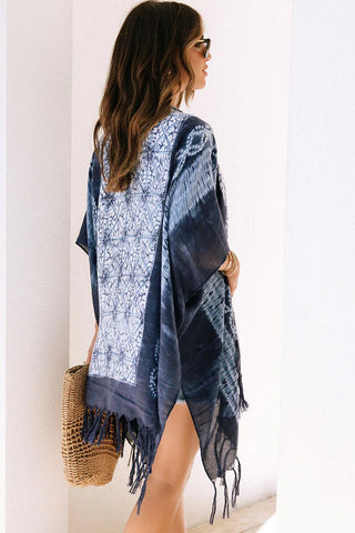 Blue Tie Dye Short Sleeves Tassels Kimono