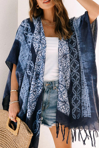 Blue Tie Dye Short Sleeves Tassels Kimono