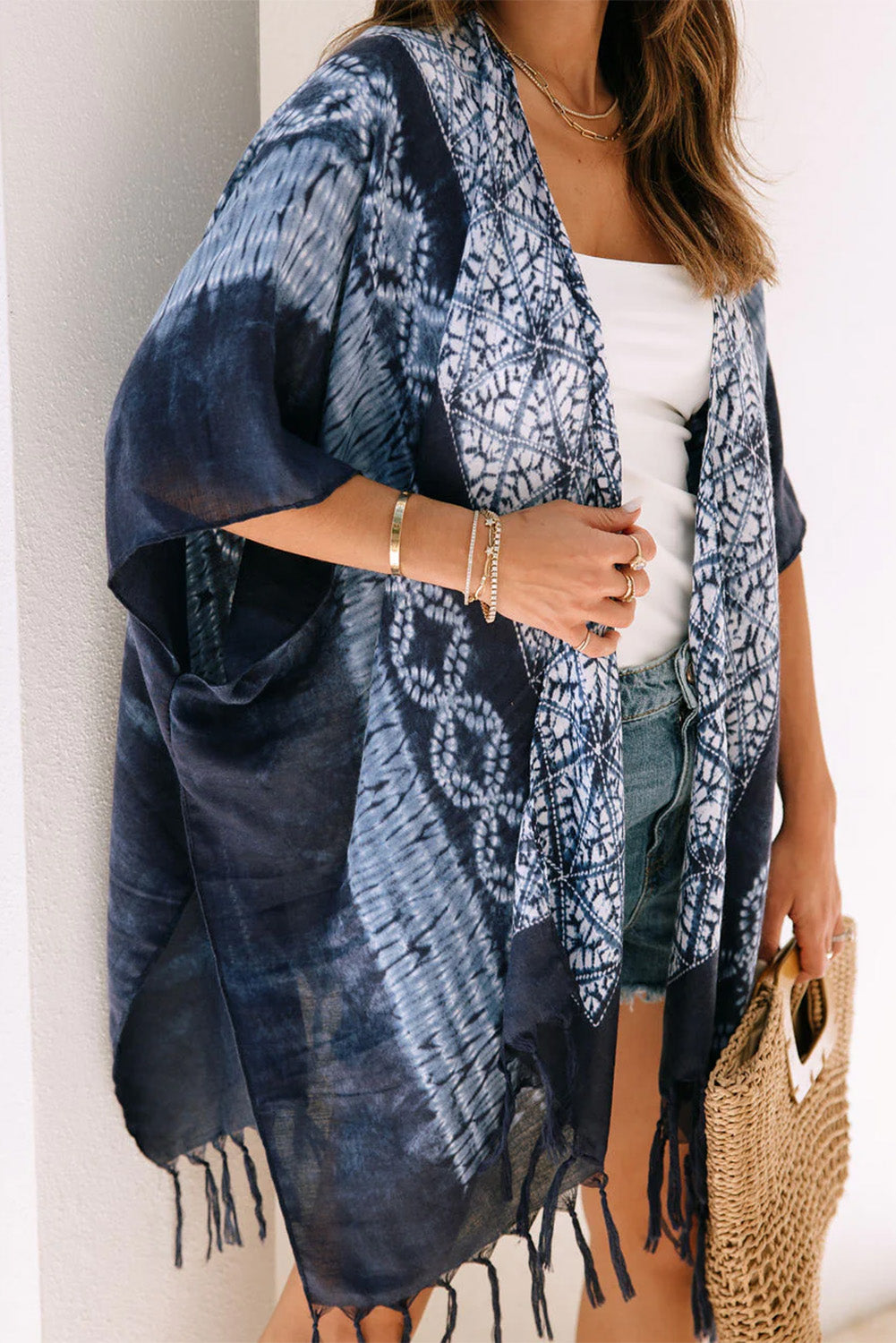 Blue Tie Dye Short Sleeves Tassels Kimono