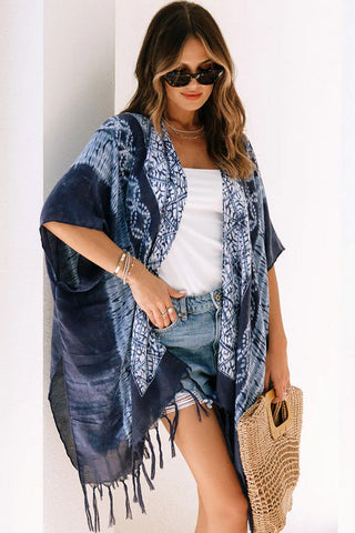 Blue Tie Dye Short Sleeves Tassels Kimono