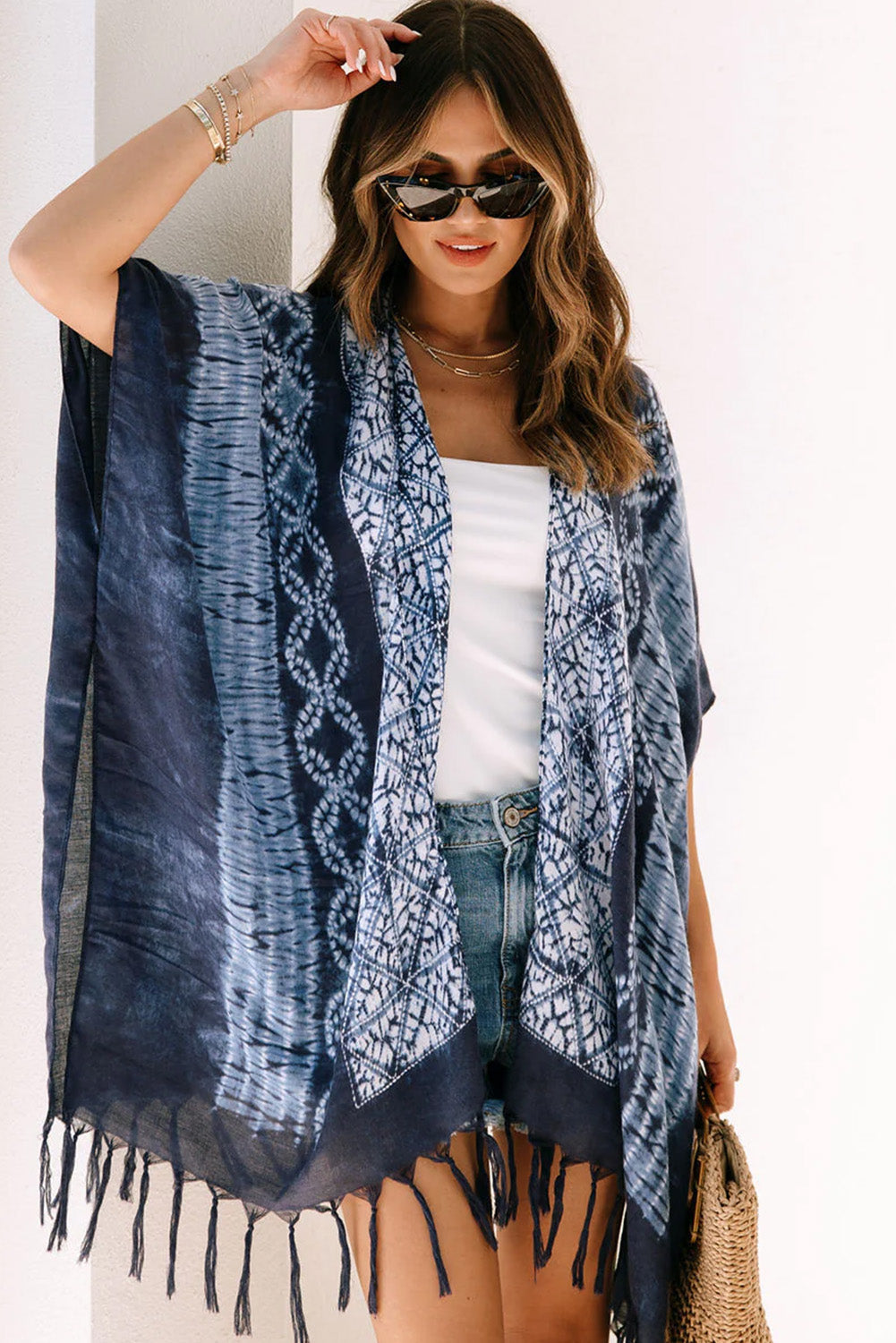 Blue Tie Dye Short Sleeves Tassels Kimono