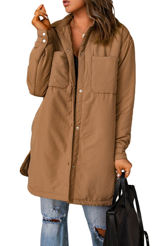 Braune, wattierte Button-Down-Jacke mit Taschen