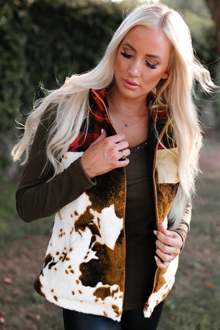 Brown Cow Print Buffalo Plaid Pocket Vest Coat