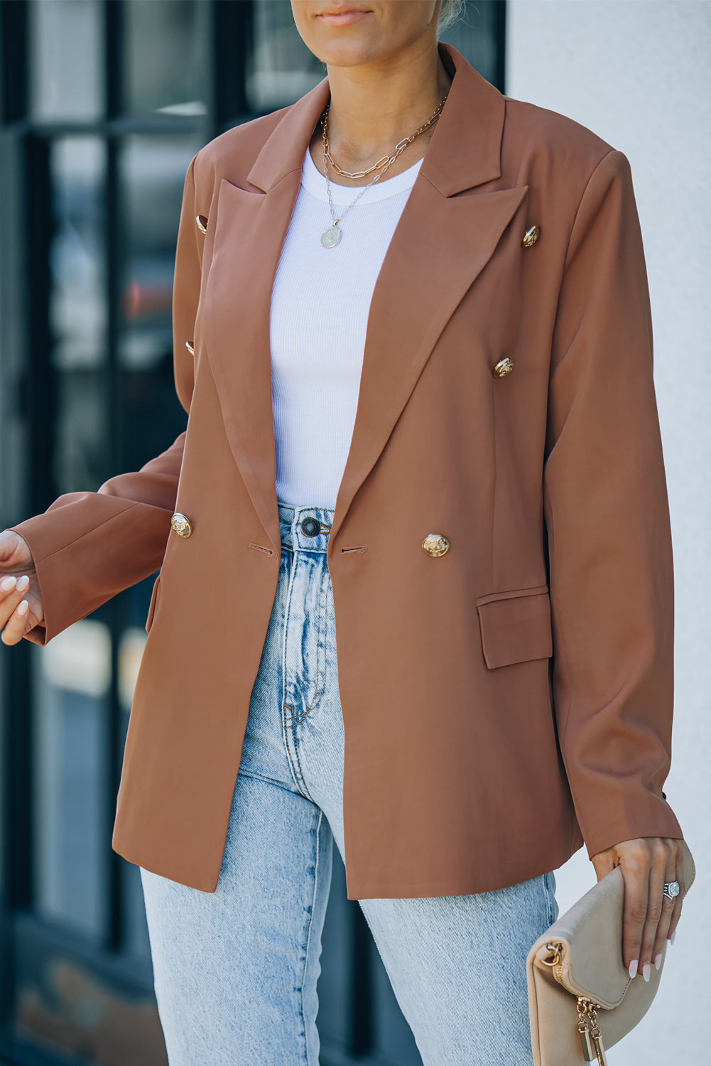 Brown Double Breasted Lapel Long Sleeve Blazer