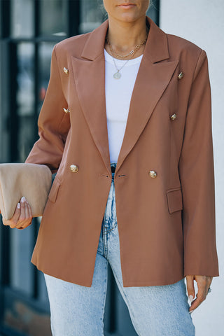 Brown Double Breasted Lapel Long Sleeve Blazer