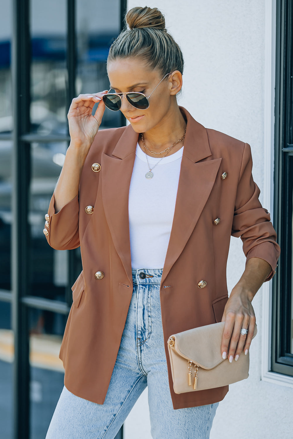 Brown Double Breasted Lapel Long Sleeve Blazer