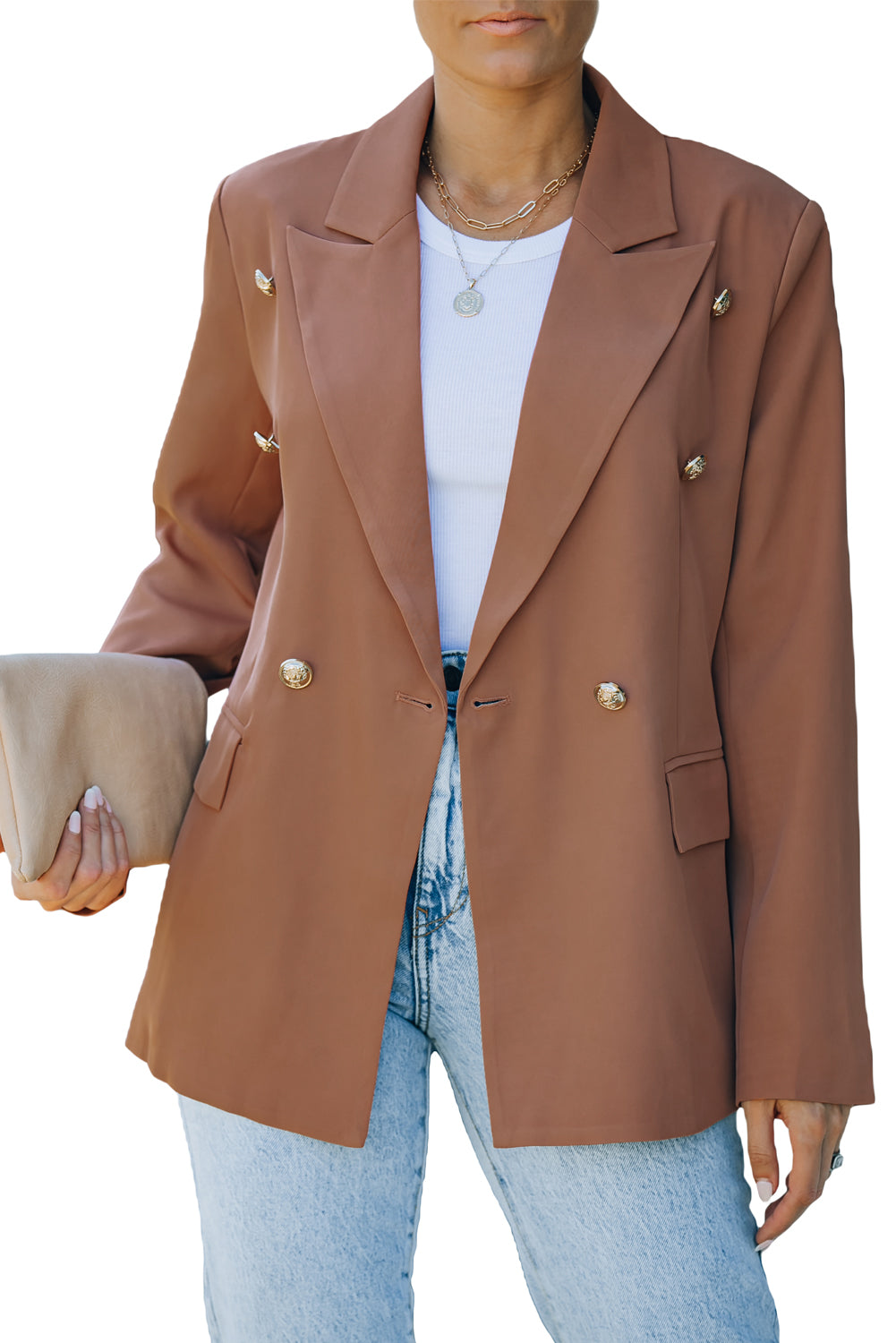 Brown Double Breasted Lapel Long Sleeve Blazer