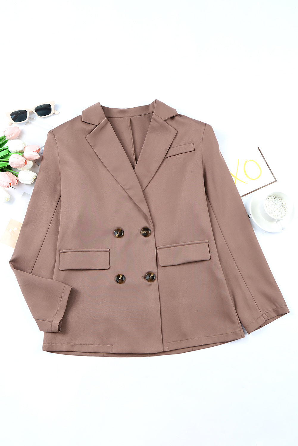 Brown Lapel Neckline Double Breasted Pocketed Blazer