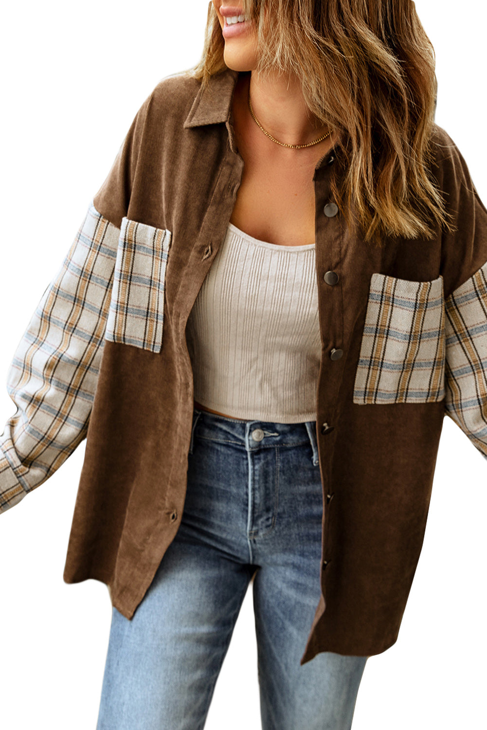 Braun karierte Patchwork-Cordhemdjacke mit Tasche