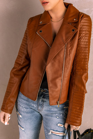 Brown Ribbed Seam Detail Faux Leather Zipped Motorcycle Jacket