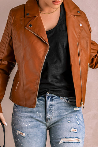 Brown Ribbed Seam Detail Faux Leather Zipped Motorcycle Jacket