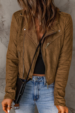 Brown Vegan Suede Zip Detail Moto Jacket