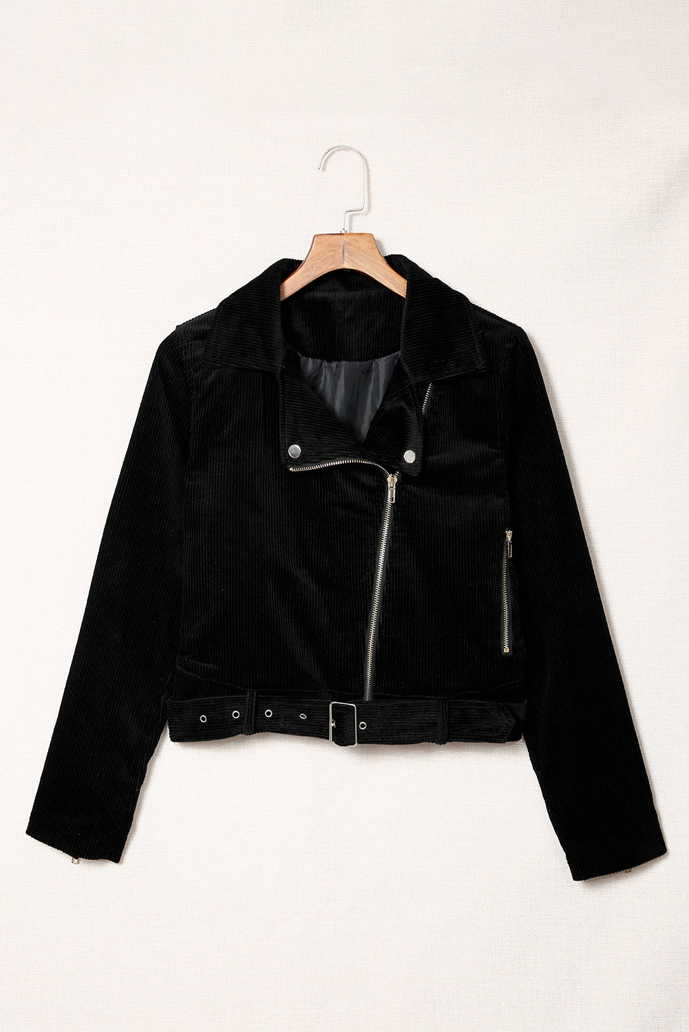 Buckle Belted Zip Up Corduroy Jacket