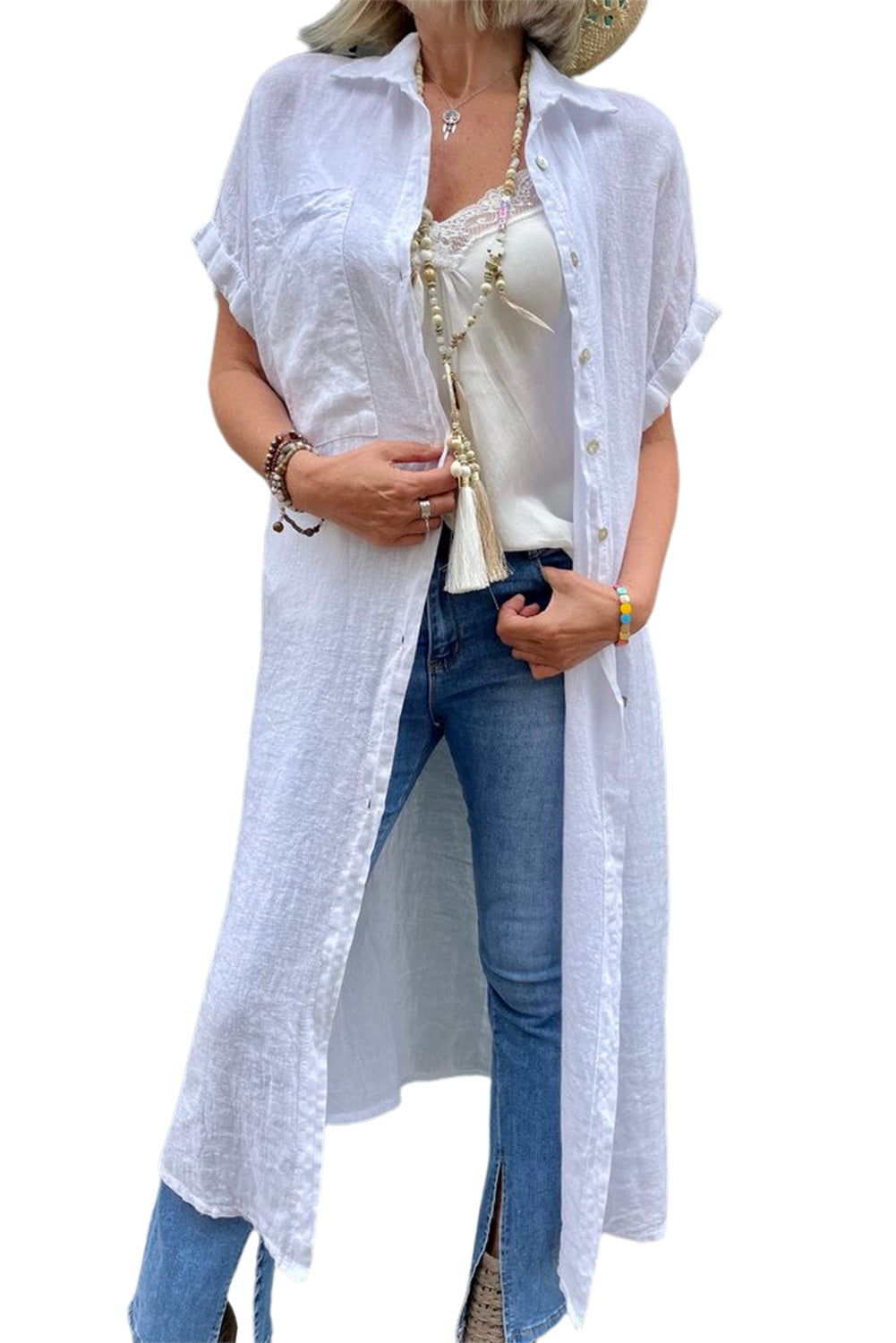 Button Up Collared Short Sleeve Kimono