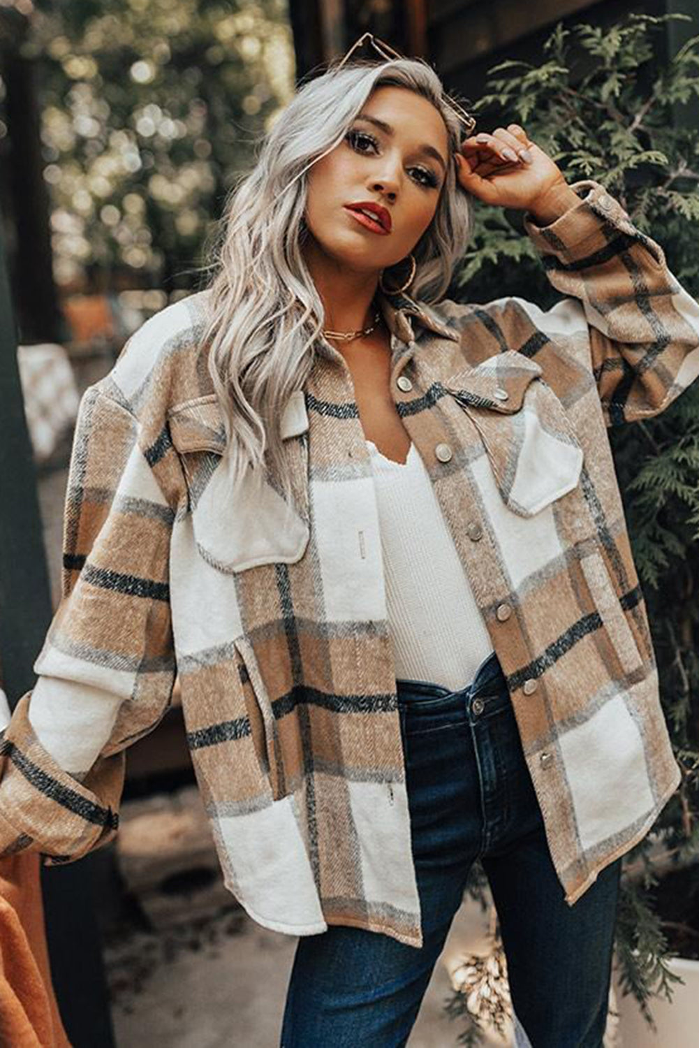 Button-Up Pocket Long Sleeve Plaid Shacket