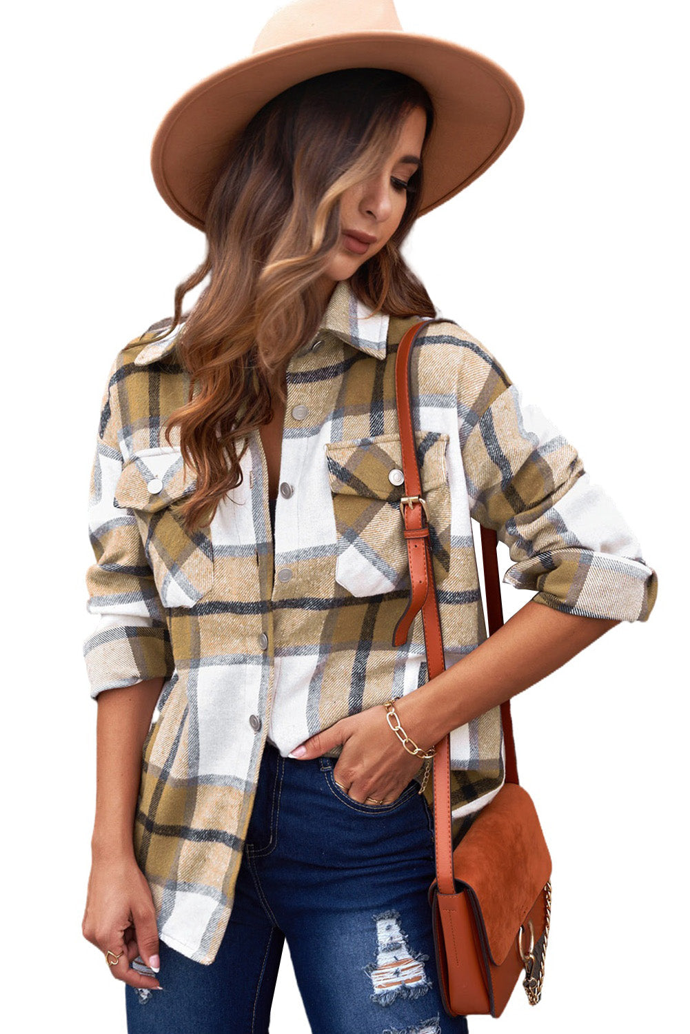 Button-Up Pocket Long Sleeve Plaid Shacket