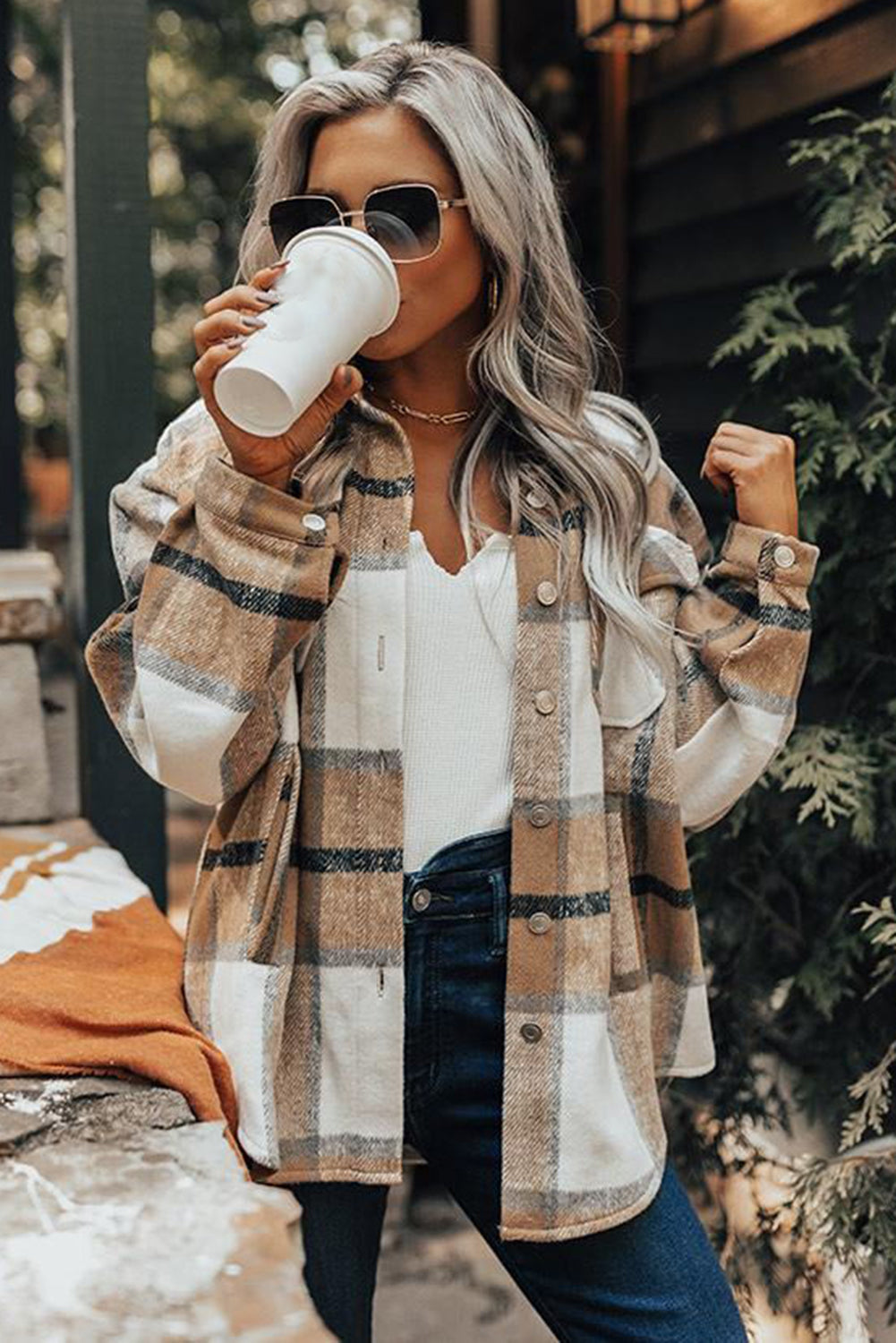 Button-Up Pocket Long Sleeve Plaid Shacket