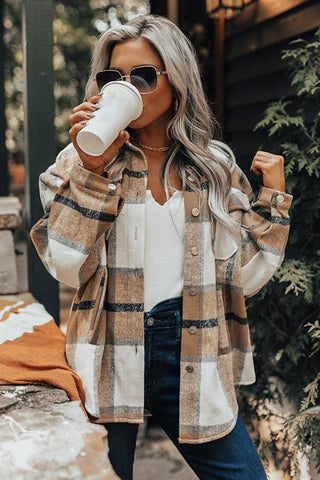 Button-Up Pocket Long Sleeve Plaid Shacket