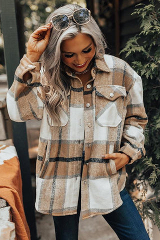 Button-Up Pocket Long Sleeve Plaid Shacket