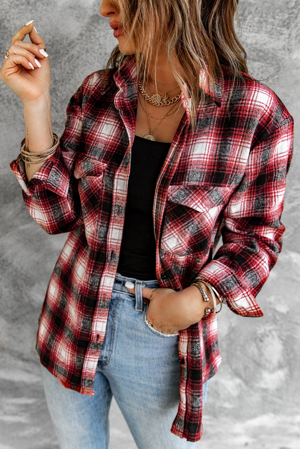 Buttons Pocketed Plaid Shacket