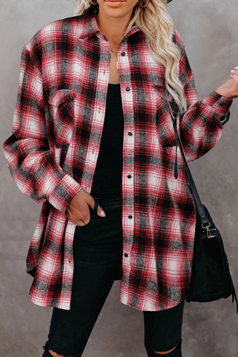 Buttons Pocketed Plaid Shacket