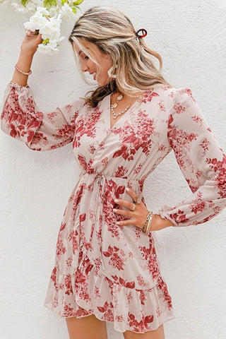 Simple Deep V-neck Print Dress Spring Long Sleeve Lace-up Women Dress