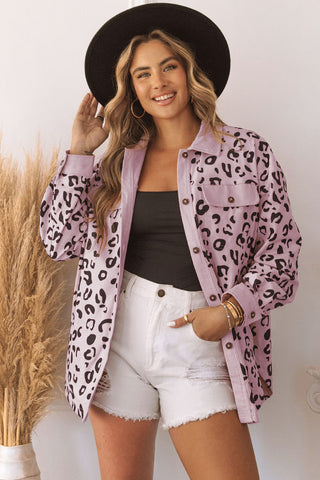 Collared Neckline Flap Pockets Leopard Corduroy Jacket