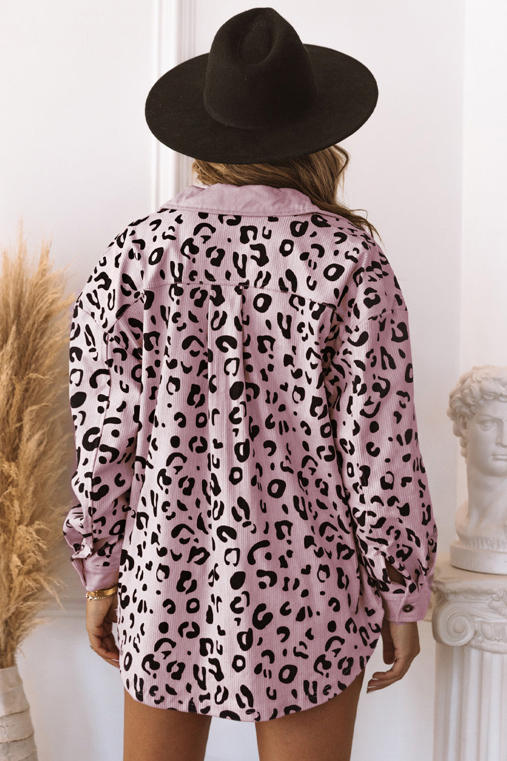 Collared Neckline Flap Pockets Leopard Corduroy Jacket